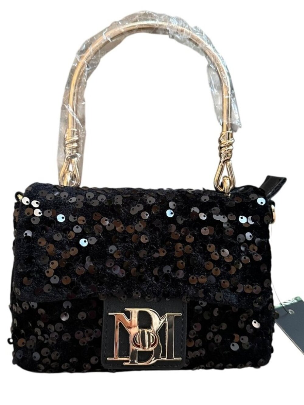 New MSRP $120 Badgley Mischka Vegan Leather Black Sequined Handbag